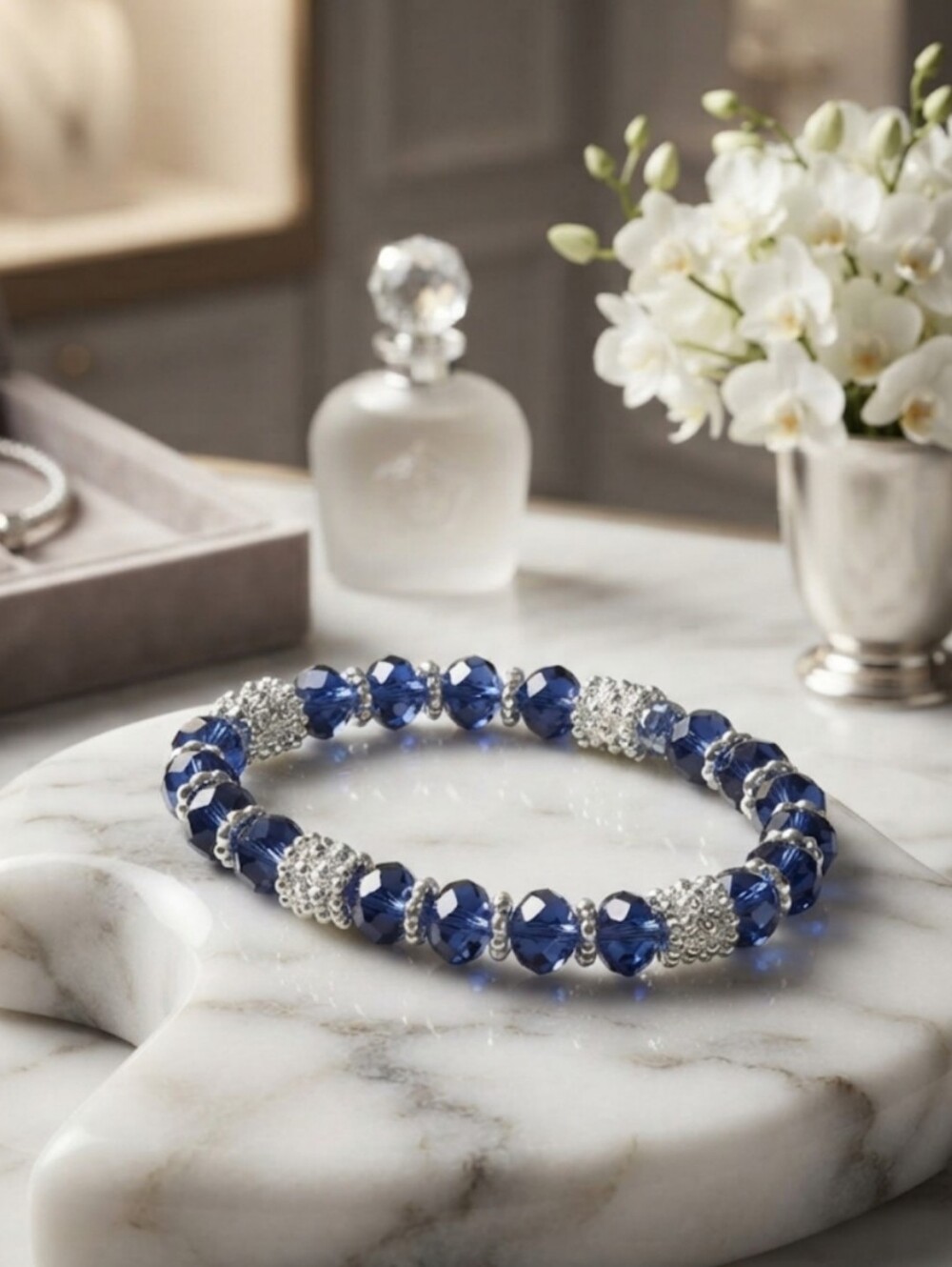 Blue Crystal and Gold Bead Stretch Bracelet